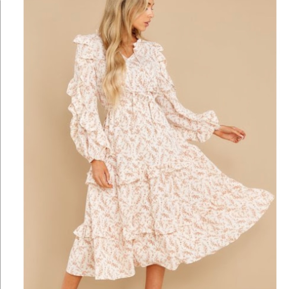 Shop Red Dress Aura Floral Ruffle Midi Dress